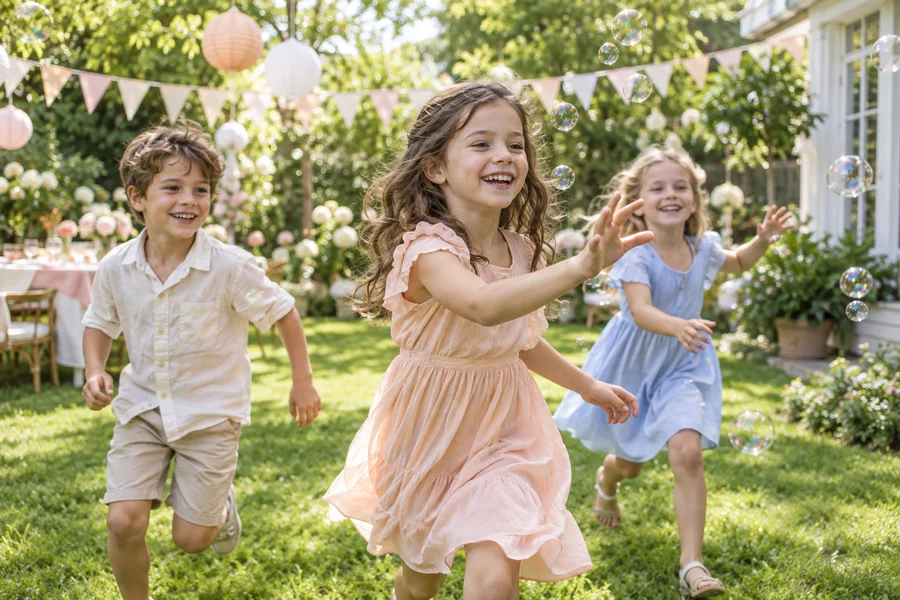 Des enfants courent après des bulles de savon