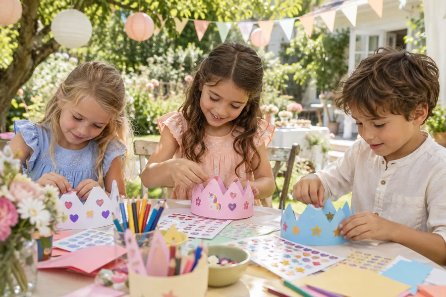 Les enfants décorent des couronnes en papier