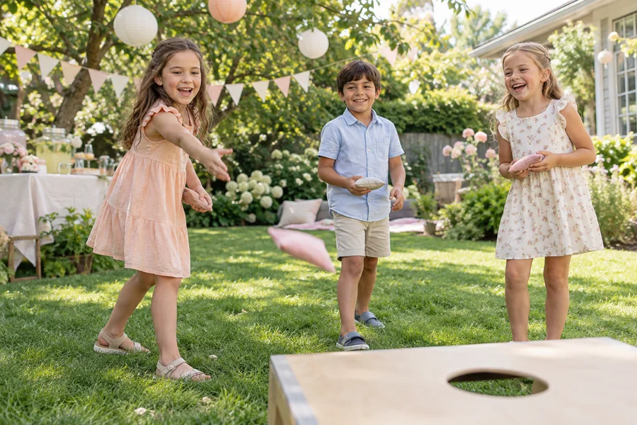 Des enfants jouent au lancer de petits sacs dans le jardin