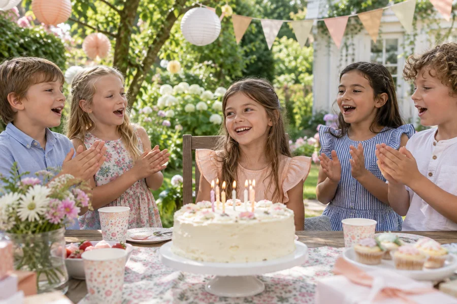 Les amis de Mila chantent autour du gâteau en plein jour