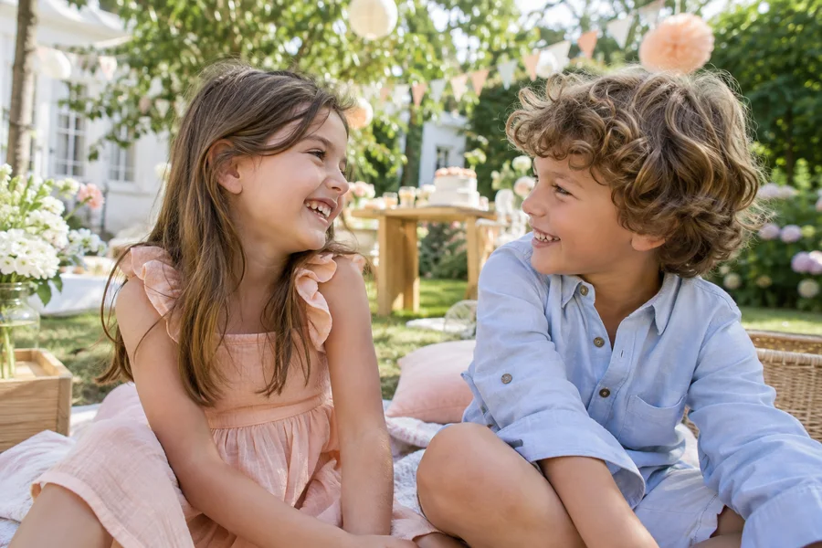 Deux amis échangent un sourire sur une couverture de pique-nique